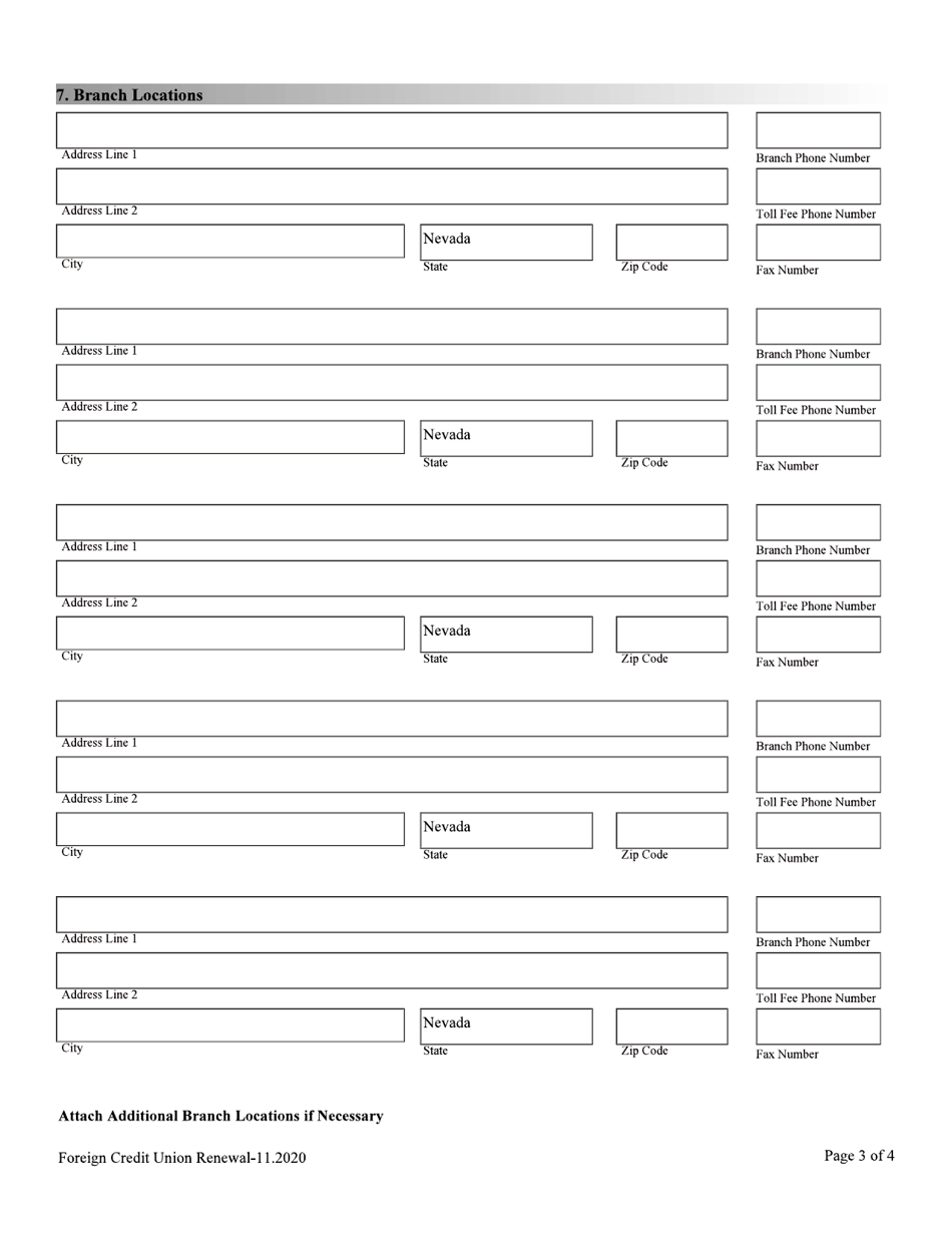 Financial Institutions Application for Renewal of Licensing / Registration - Foreign Credit Union - Nevada, Page 3
