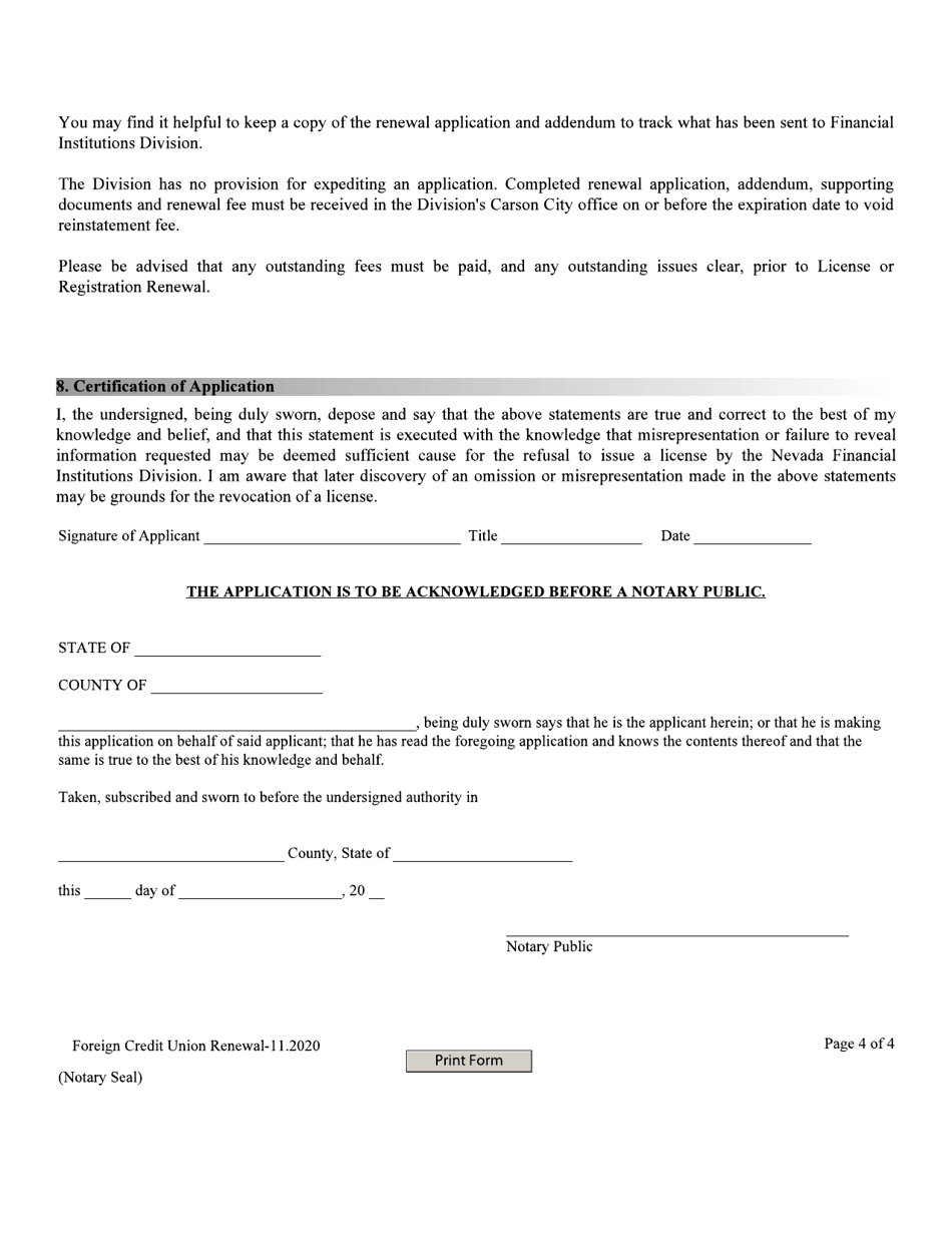Financial Institutions Application for Renewal of Licensing / Registration - Foreign Credit Union - Nevada, Page 4