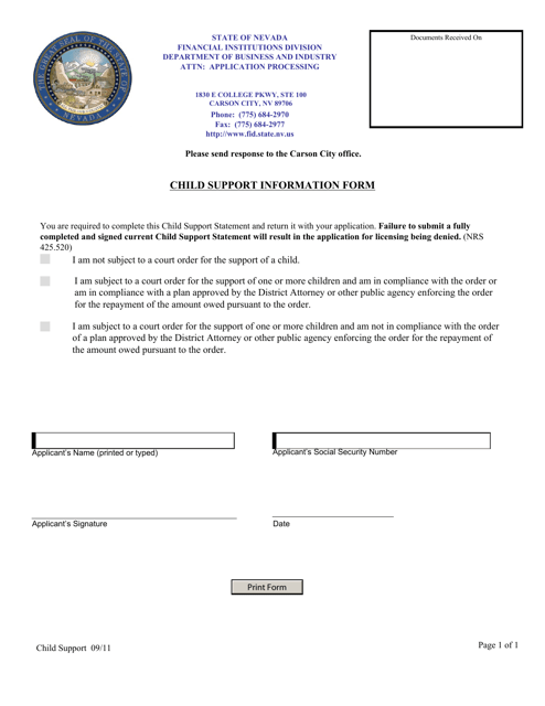 Child Support Information Form - Nevada Download Pdf
