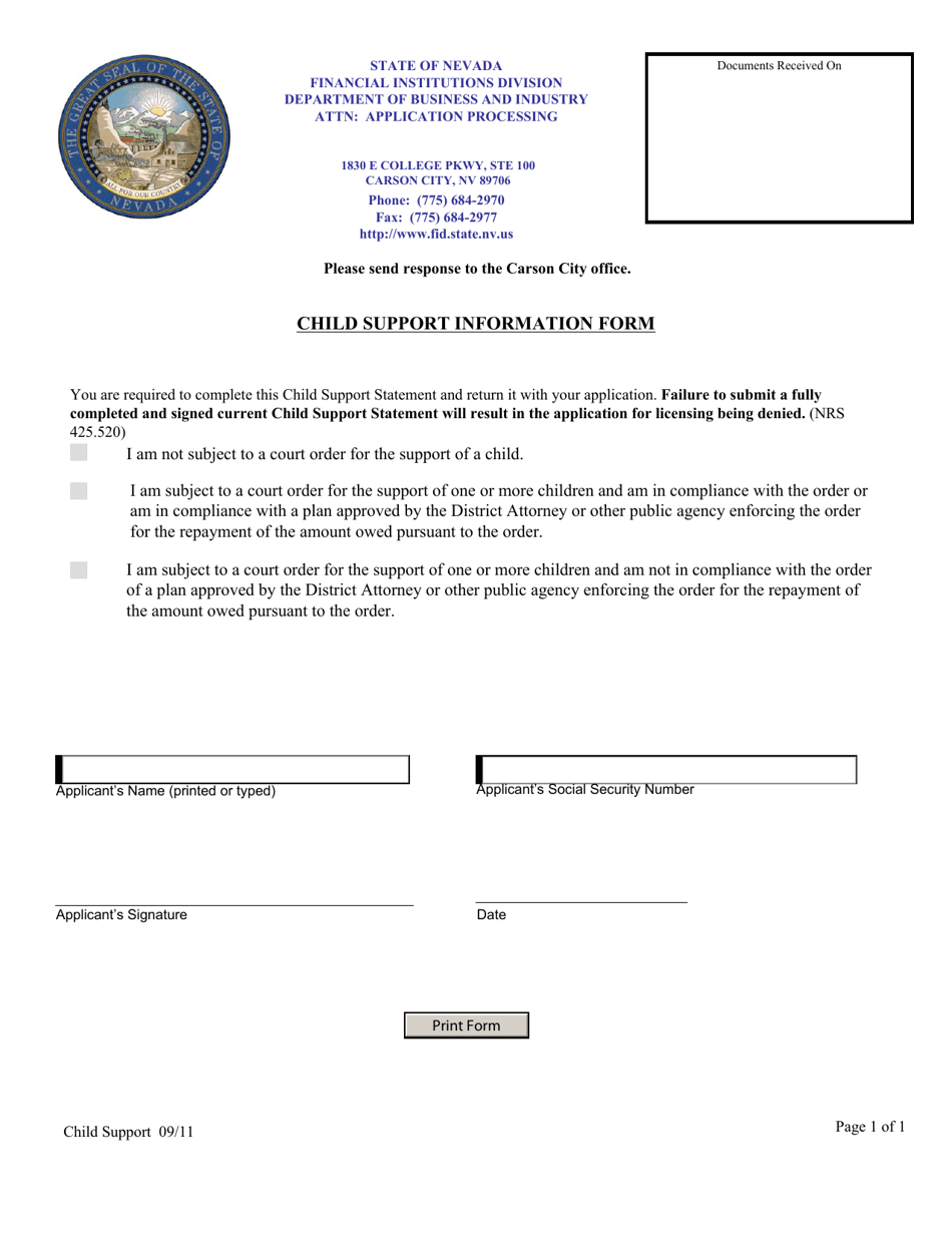 Child Support Information Form - Nevada, Page 1