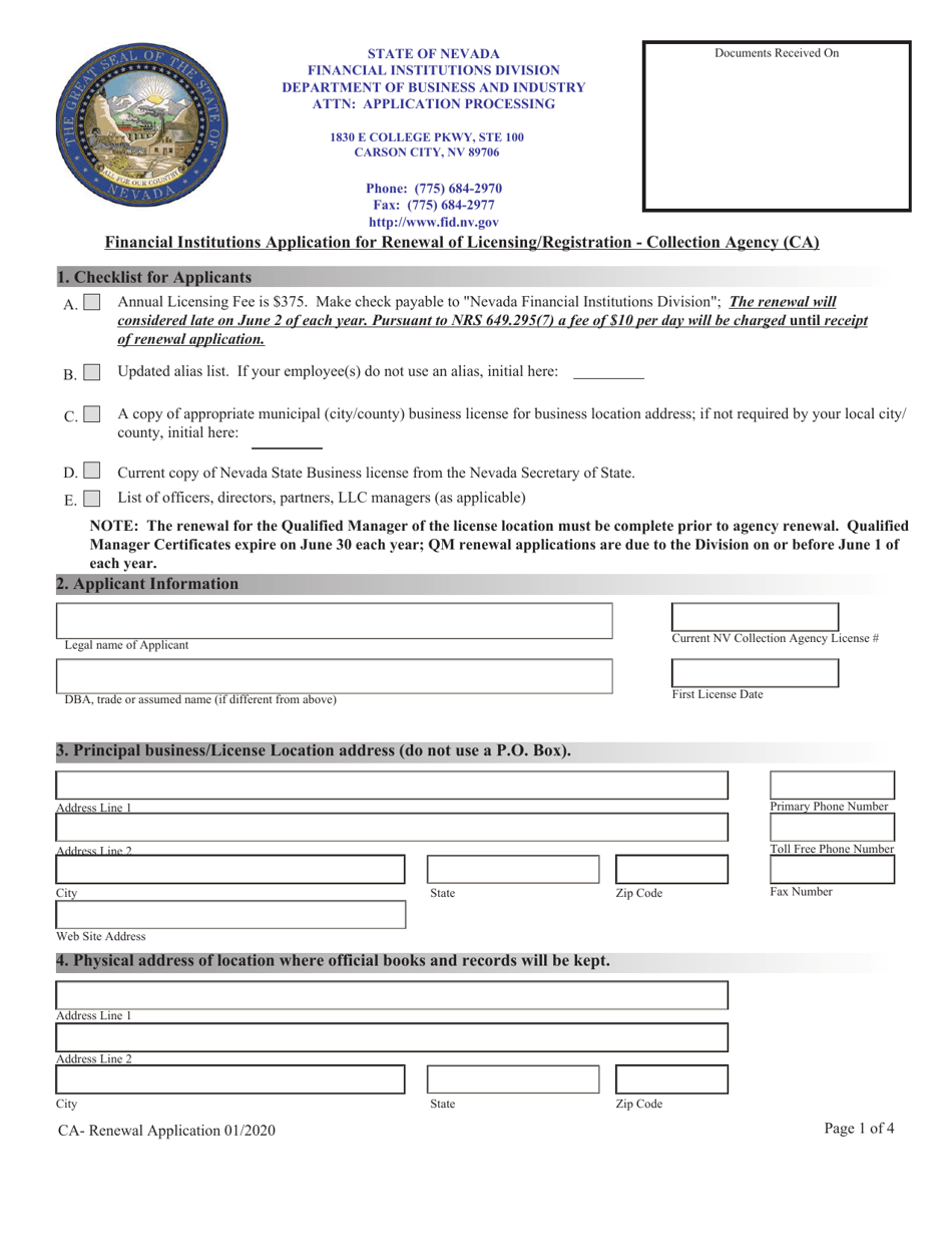 Financial Institutions Application for Renewal of Licensing / Registration - Collection Agency (Ca) - Nevada, Page 1