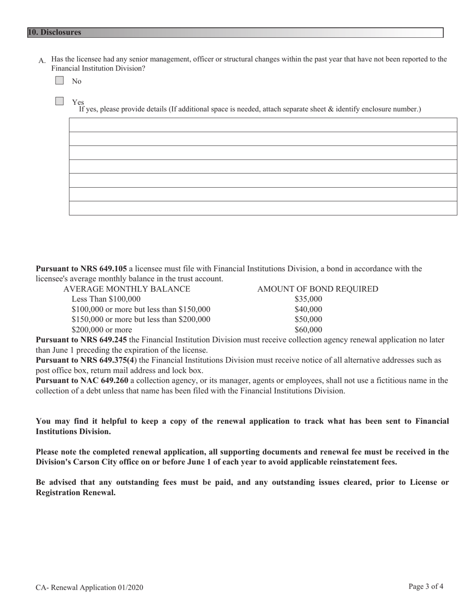 Financial Institutions Application for Renewal of Licensing / Registration - Collection Agency (Ca) - Nevada, Page 3