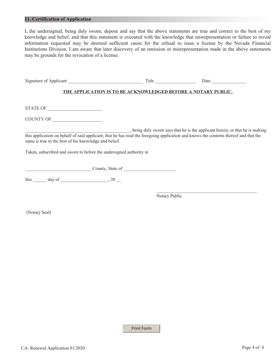 Financial Institutions Application for Renewal of Licensing / Registration - Collection Agency (Ca) - Nevada, Page 4