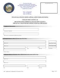 Document preview: Financial Institutions Application for Licensing - Collection Agency & Registration Foreign Collection Agency Nrs & Nac Chapter 649 Application & Checklist - Nevada