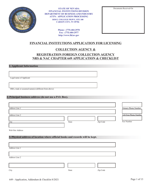 Financial Institutions Application for Licensing - Collection Agency & Registration Foreign Collection Agency Nrs & Nac Chapter 649 Application & Checklist - Nevada Download Pdf