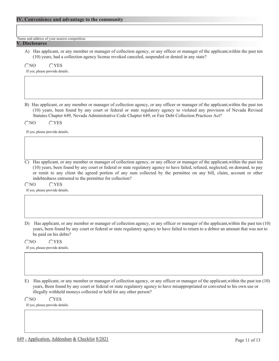 Financial Institutions Application for Licensing - Collection Agency  Registration Foreign Collection Agency Nrs  Nac Chapter 649 Application  Checklist - Nevada, Page 11