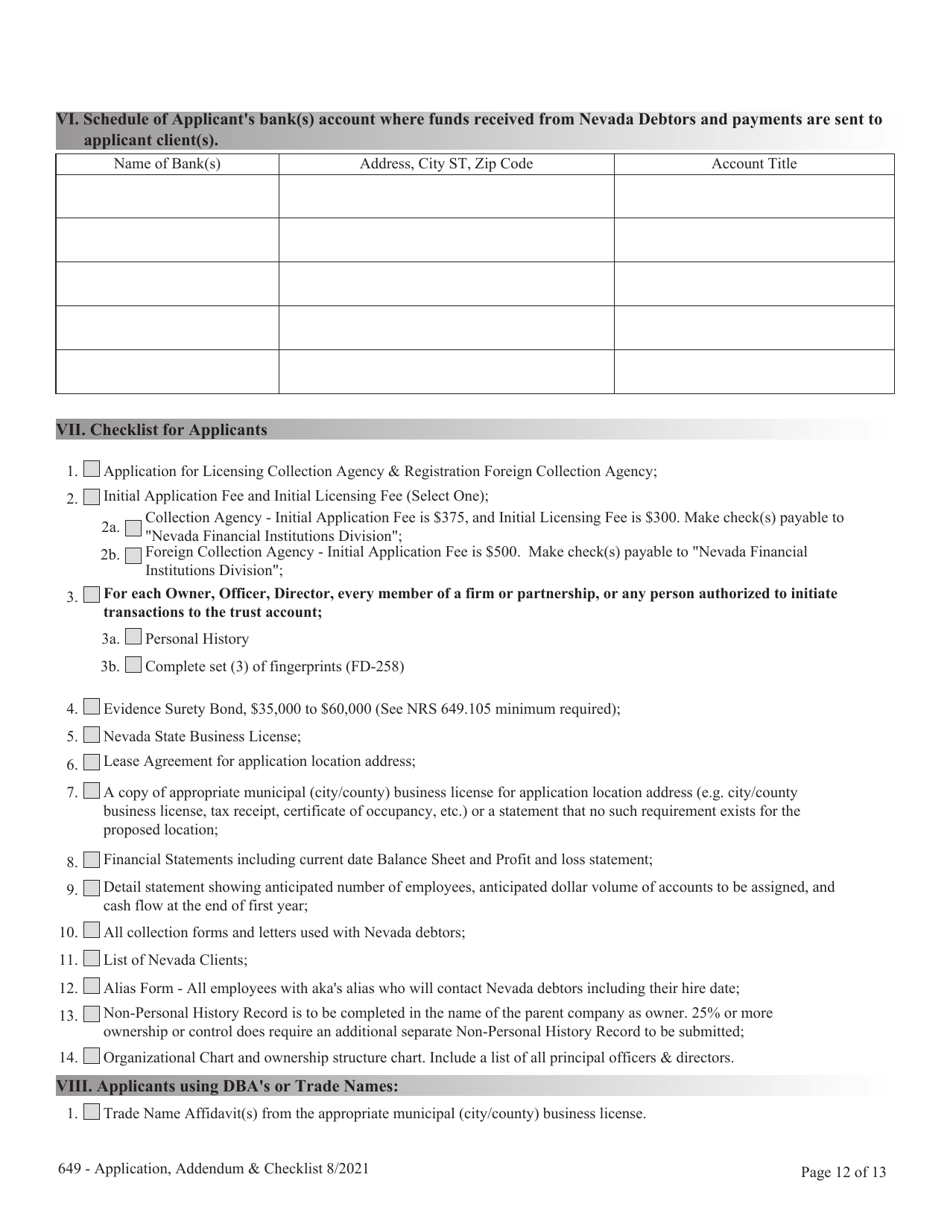 Financial Institutions Application for Licensing - Collection Agency  Registration Foreign Collection Agency Nrs  Nac Chapter 649 Application  Checklist - Nevada, Page 12