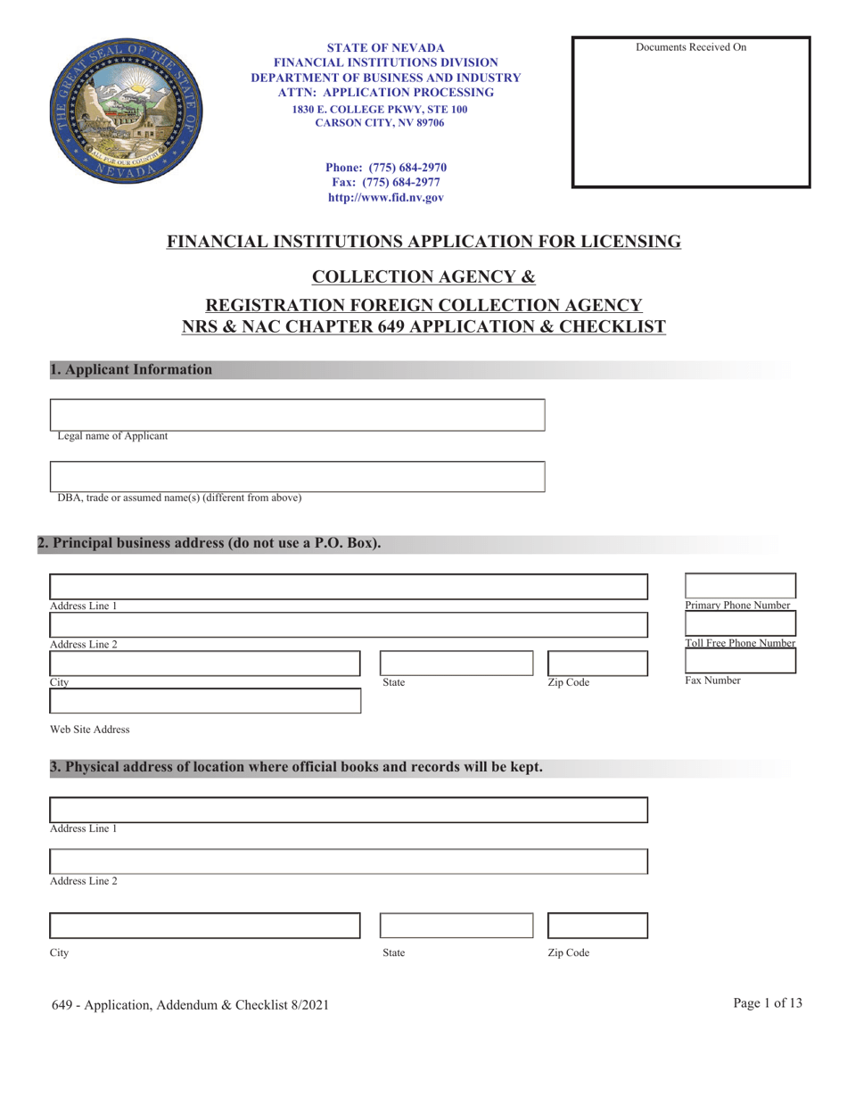 Financial Institutions Application for Licensing - Collection Agency  Registration Foreign Collection Agency Nrs  Nac Chapter 649 Application  Checklist - Nevada, Page 1