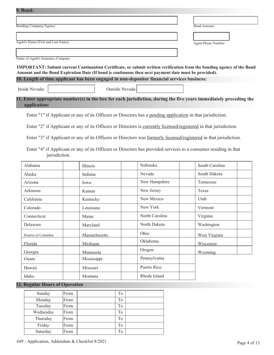 Financial Institutions Application for Licensing - Collection Agency  Registration Foreign Collection Agency Nrs  Nac Chapter 649 Application  Checklist - Nevada, Page 4