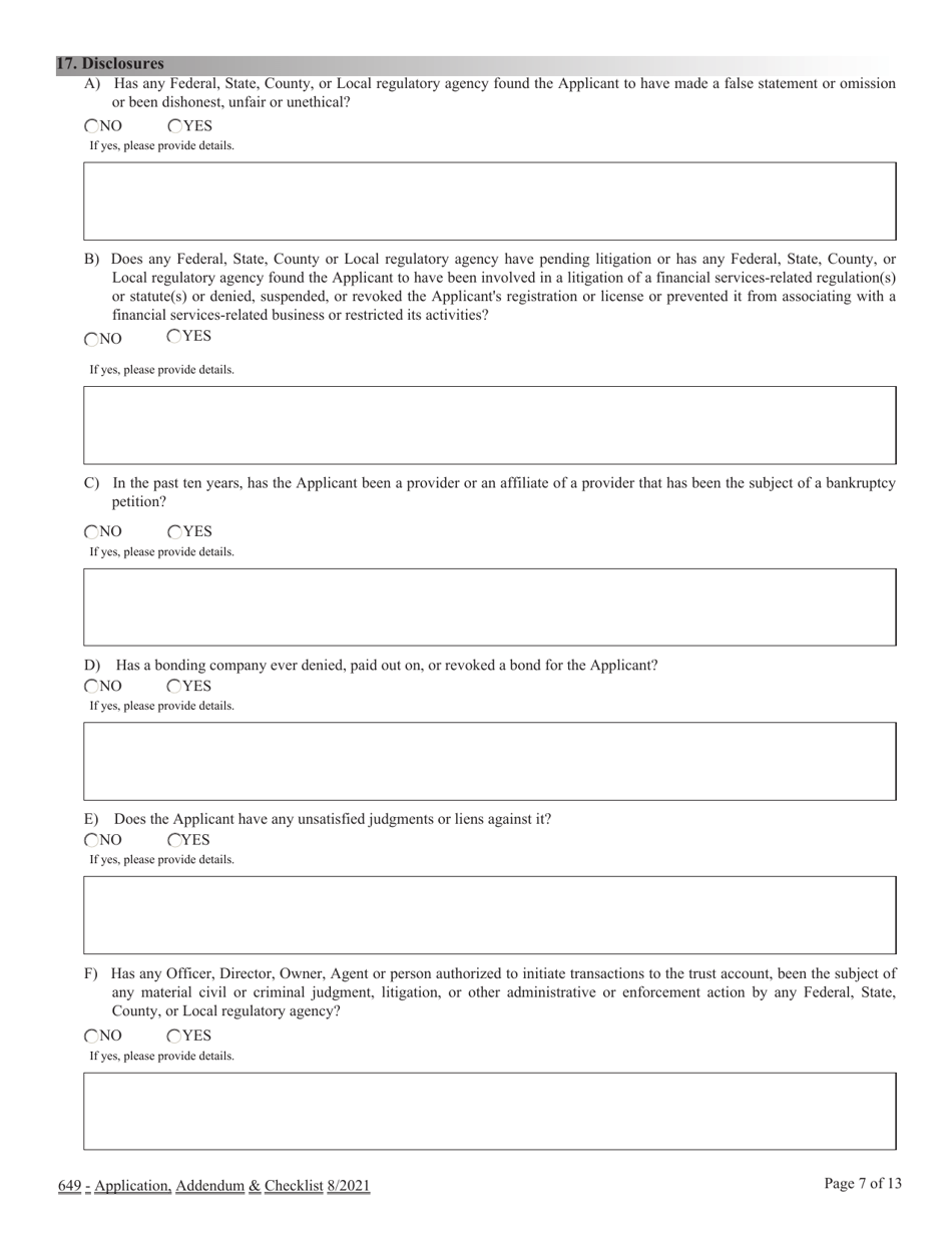 Financial Institutions Application for Licensing - Collection Agency  Registration Foreign Collection Agency Nrs  Nac Chapter 649 Application  Checklist - Nevada, Page 7