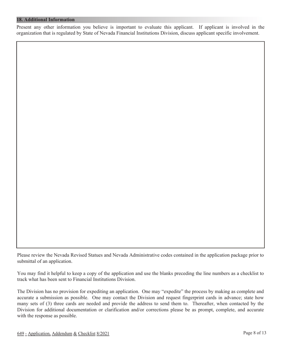 Financial Institutions Application for Licensing - Collection Agency  Registration Foreign Collection Agency Nrs  Nac Chapter 649 Application  Checklist - Nevada, Page 8
