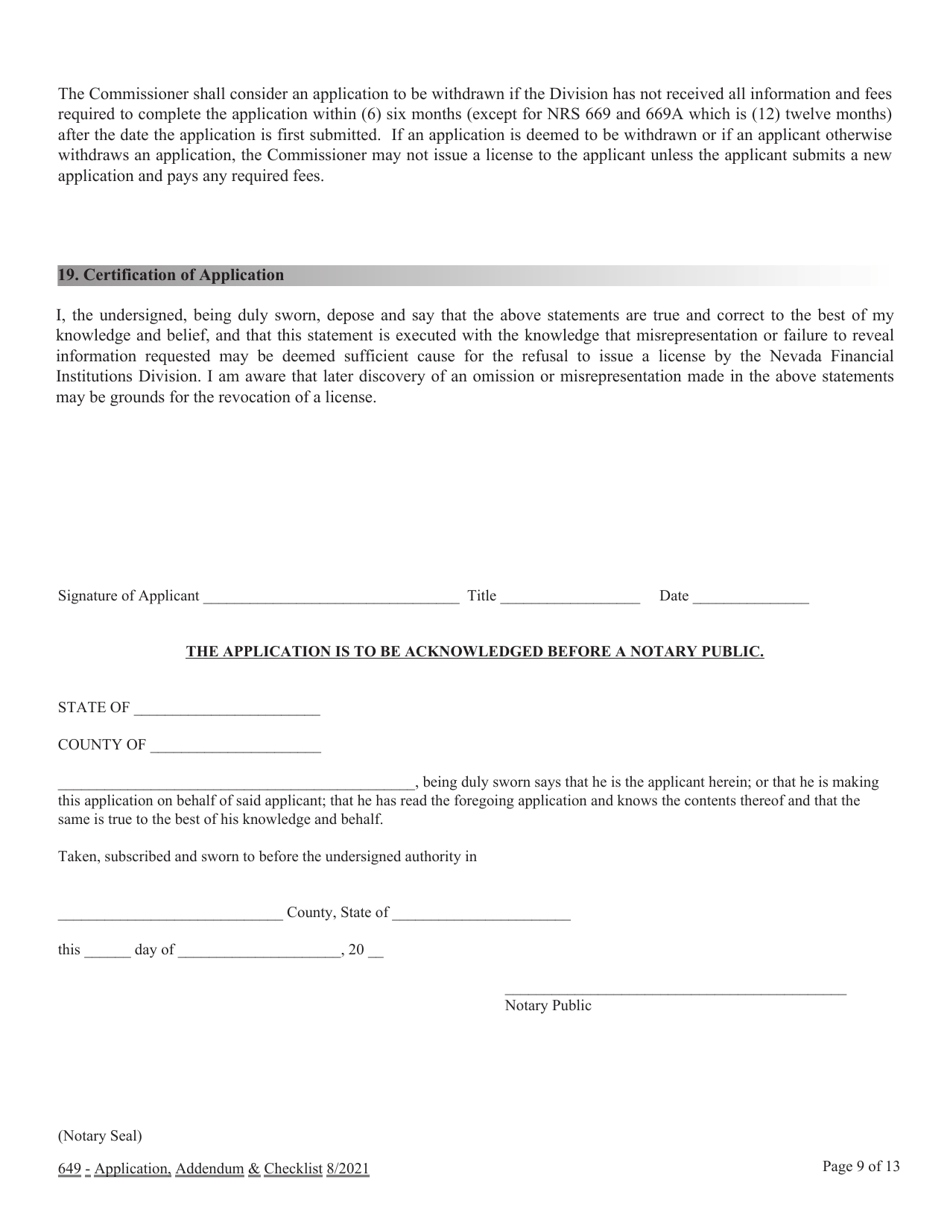 Financial Institutions Application for Licensing - Collection Agency  Registration Foreign Collection Agency Nrs  Nac Chapter 649 Application  Checklist - Nevada, Page 9