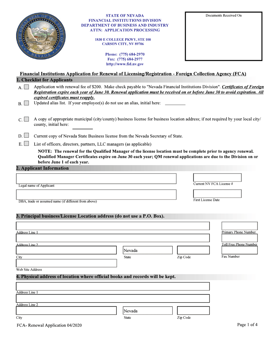 Financial Institutions Application for Renewal of Licensing / Registration - Foreign Collection Agency (FCA) - Nevada, Page 1