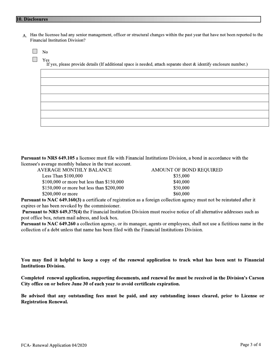 Financial Institutions Application for Renewal of Licensing / Registration - Foreign Collection Agency (FCA) - Nevada, Page 3