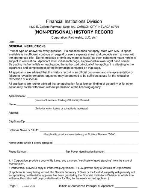Non-personal History Record - Nevada