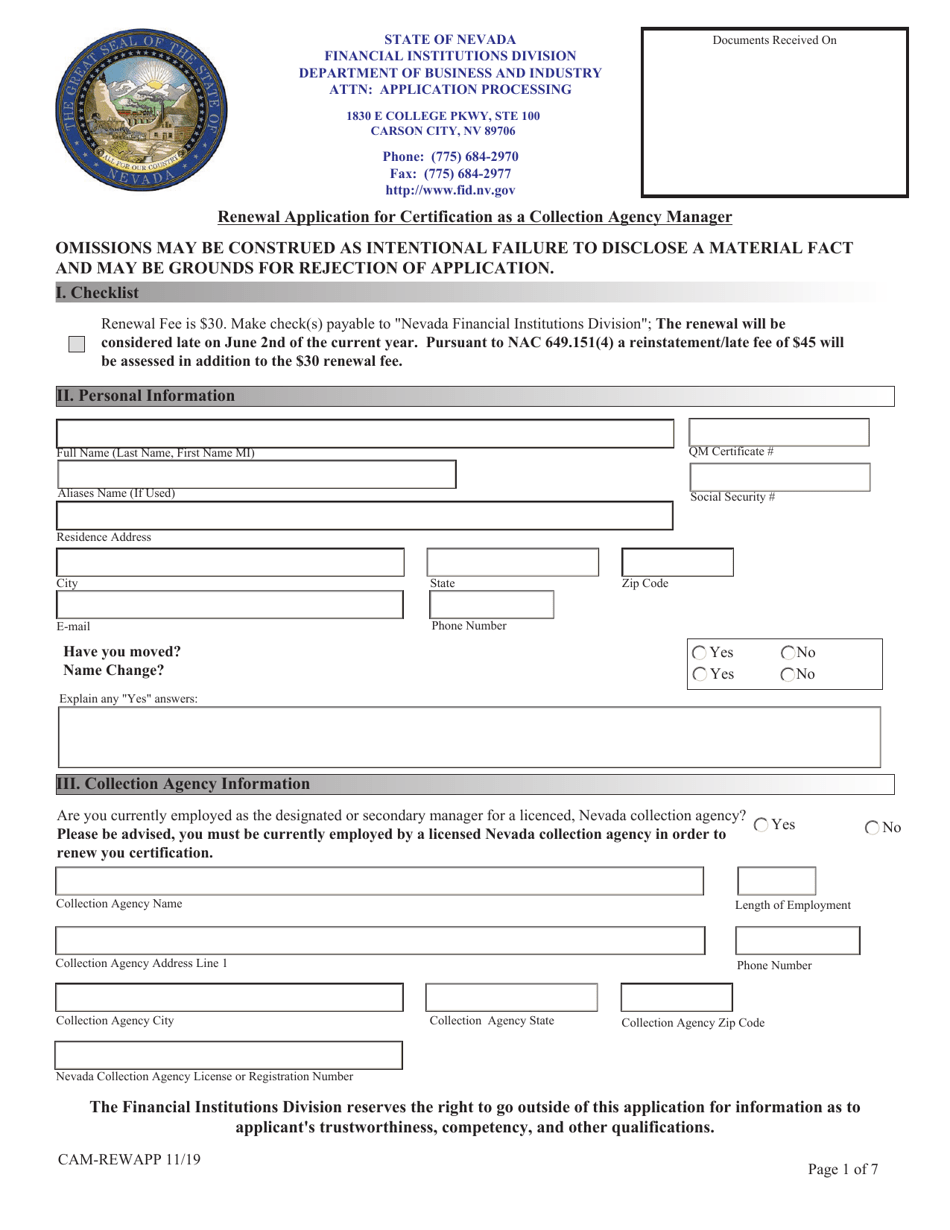 Renewal Application for Certification as a Collection Agency Manager - Nevada, Page 1
