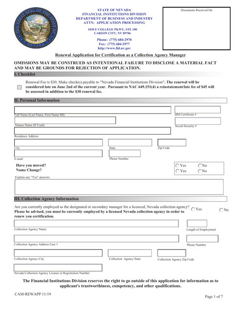 Renewal Application for Certification as a Collection Agency Manager - Nevada Download Pdf