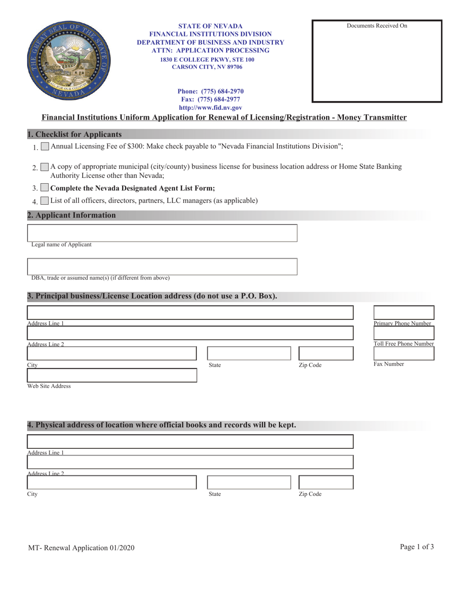 Financial Institutions Uniform Application for Renewal of Licensing / Registration - Money Transmitter - Nevada, Page 1