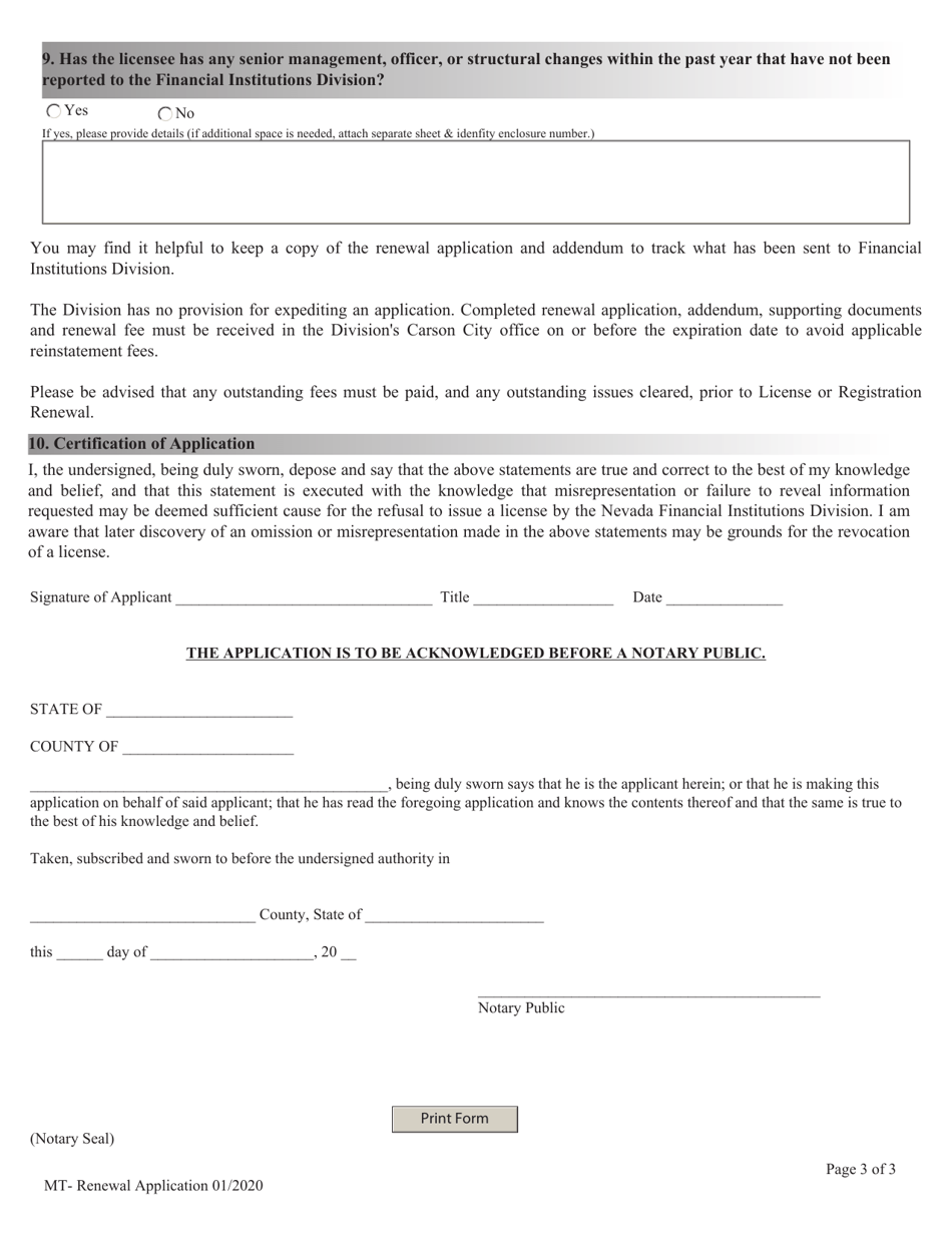 Financial Institutions Uniform Application for Renewal of Licensing / Registration - Money Transmitter - Nevada, Page 3