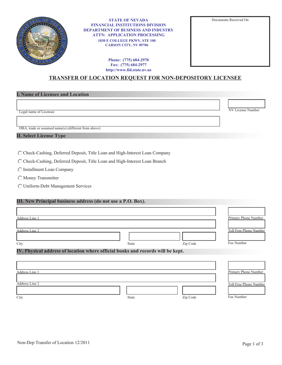 Transfer of Location Request for Non-depository Licensee - Nevada, Page 1