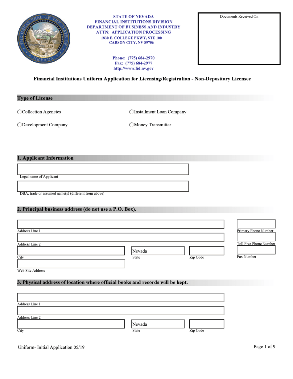 Financial Institutions Uniform Application for Licensing / Registration - Non-depository Licensee - Nevada, Page 1