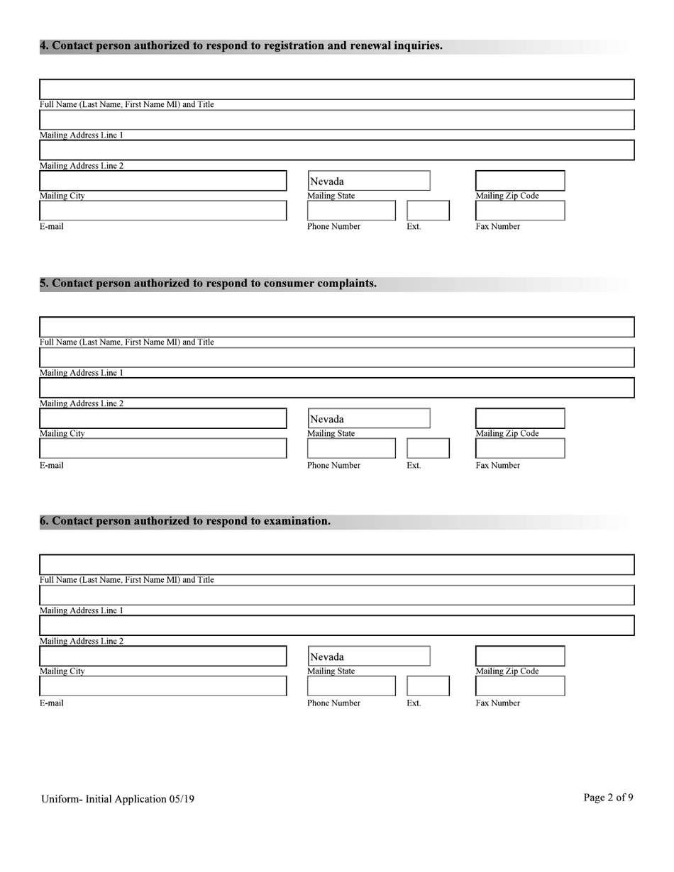 Financial Institutions Uniform Application for Licensing / Registration - Non-depository Licensee - Nevada, Page 2