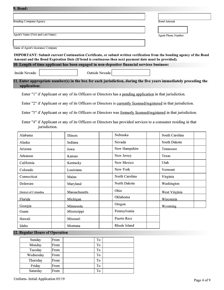 Financial Institutions Uniform Application for Licensing / Registration - Non-depository Licensee - Nevada, Page 4