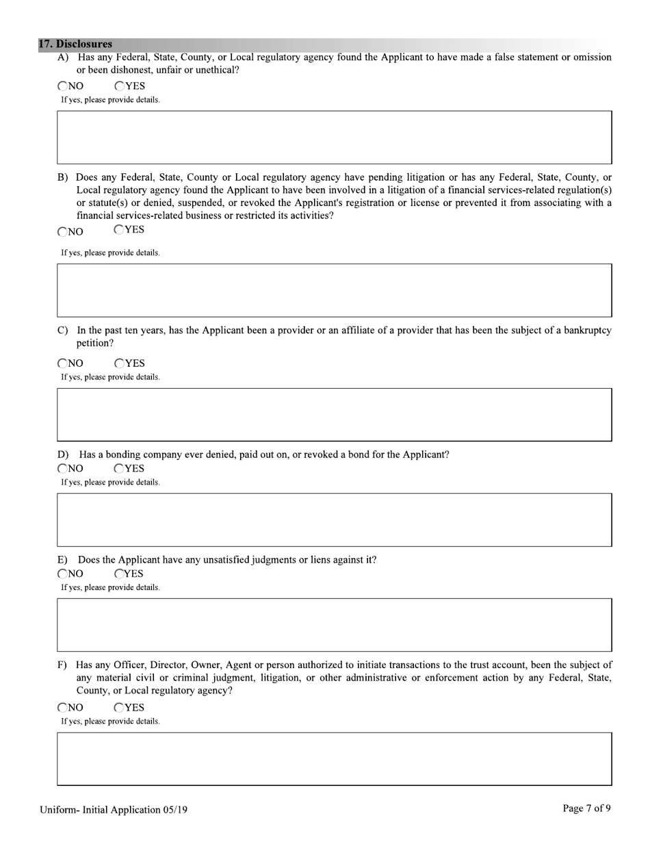 Financial Institutions Uniform Application for Licensing / Registration - Non-depository Licensee - Nevada, Page 7