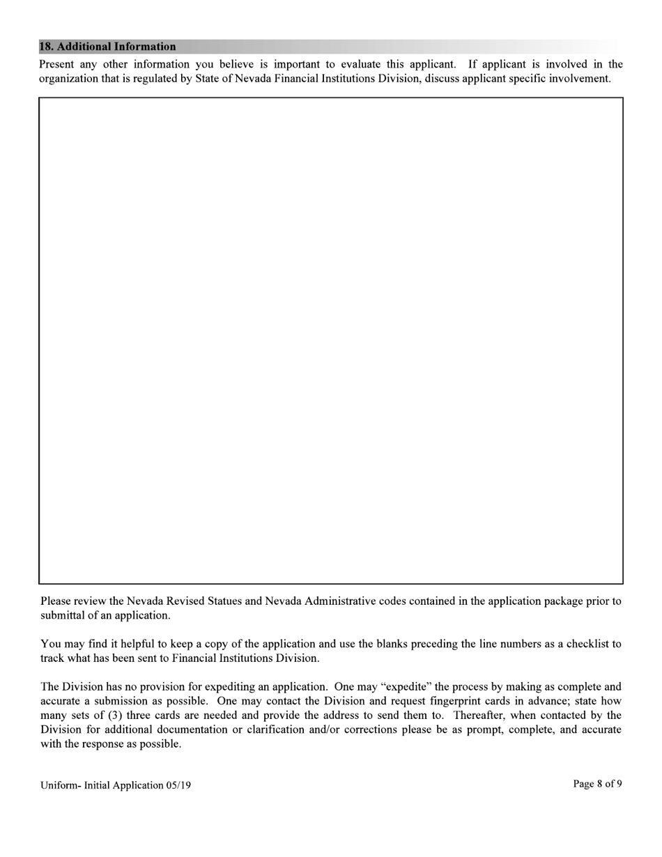 Financial Institutions Uniform Application for Licensing / Registration - Non-depository Licensee - Nevada, Page 8