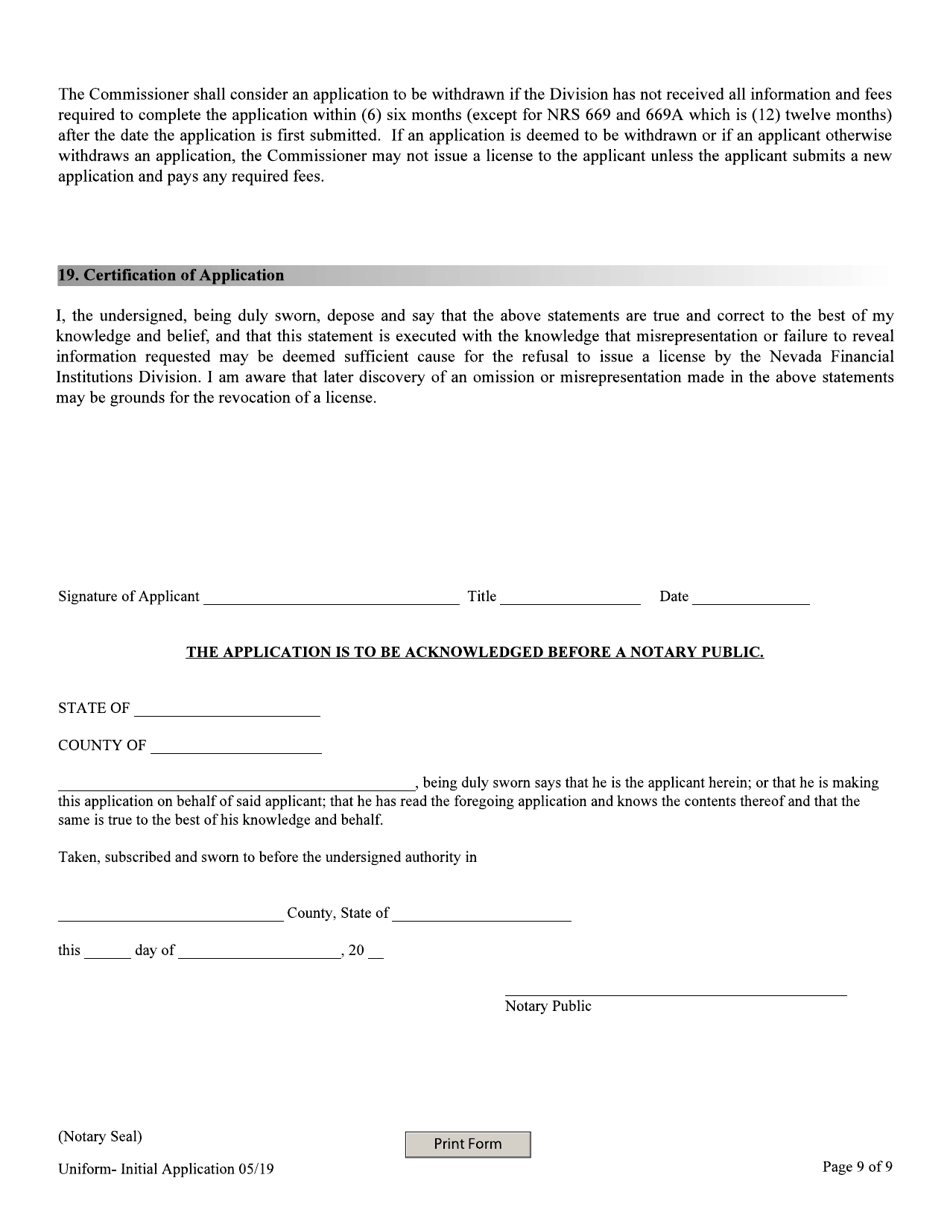 Financial Institutions Uniform Application for Licensing / Registration - Non-depository Licensee - Nevada, Page 9