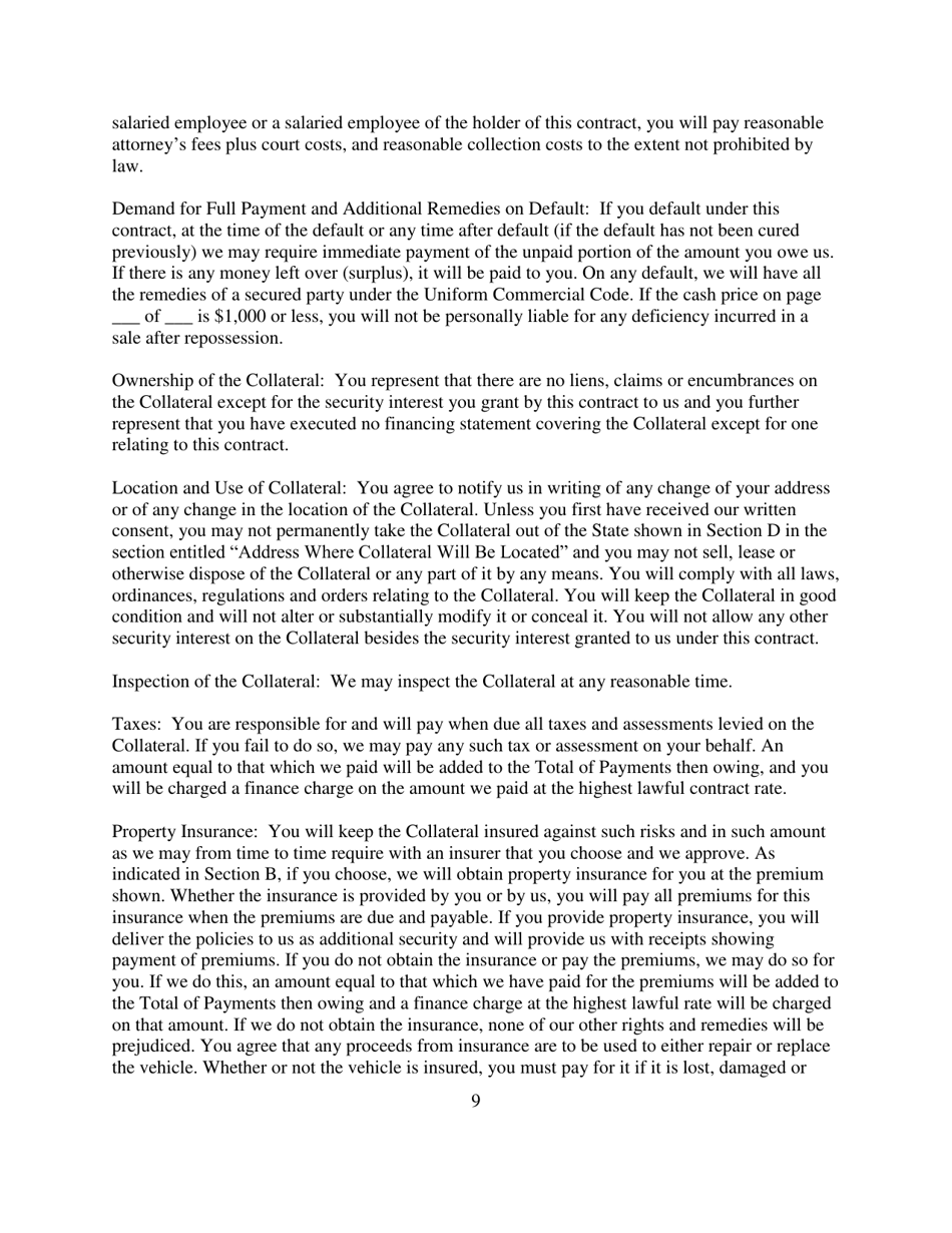 Contract for Sale and Security Agreement for Sale of Vehicle With Payment of Simple Interest - Nevada, Page 9