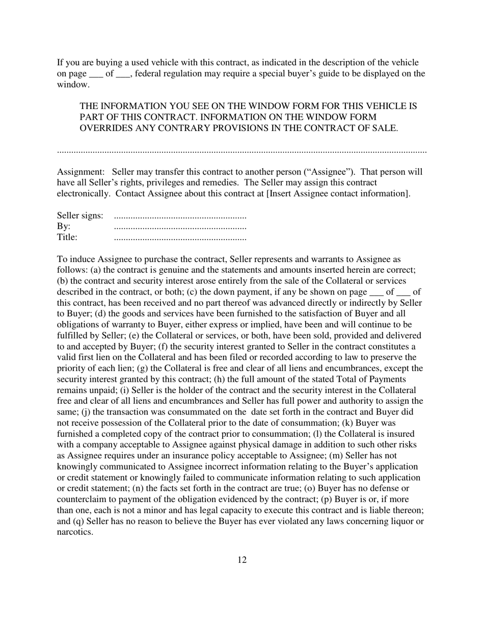 Contract for Sale and Security Agreement for Sale of Vehicle With Precomputed or Add-On Interest to Be Paid - Nevada, Page 12