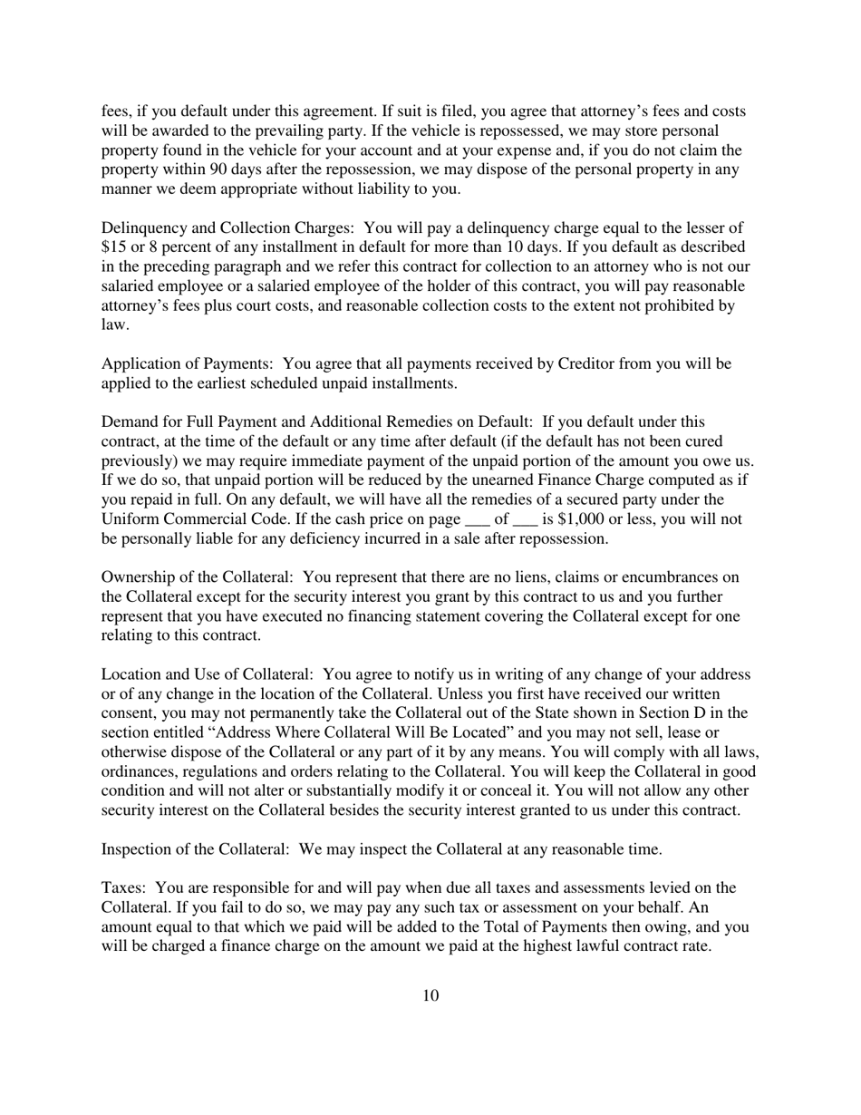 Contract for Sale and Security Agreement for Sale of Vehicle With Larger Final Payment and Option to Refinance - Nevada, Page 10
