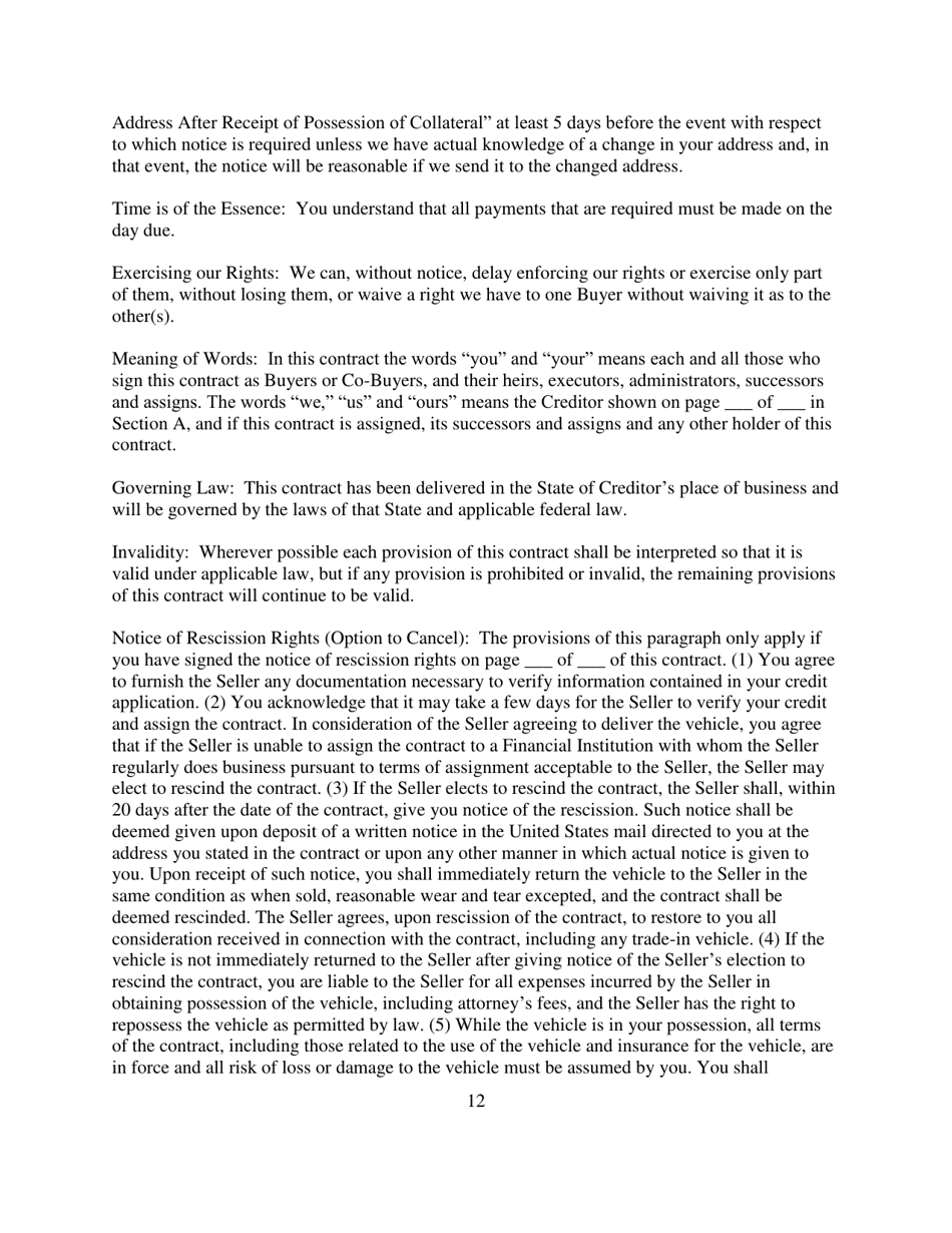 Contract for Sale and Security Agreement for Sale of Vehicle With Larger Final Payment and Option to Refinance - Nevada, Page 12