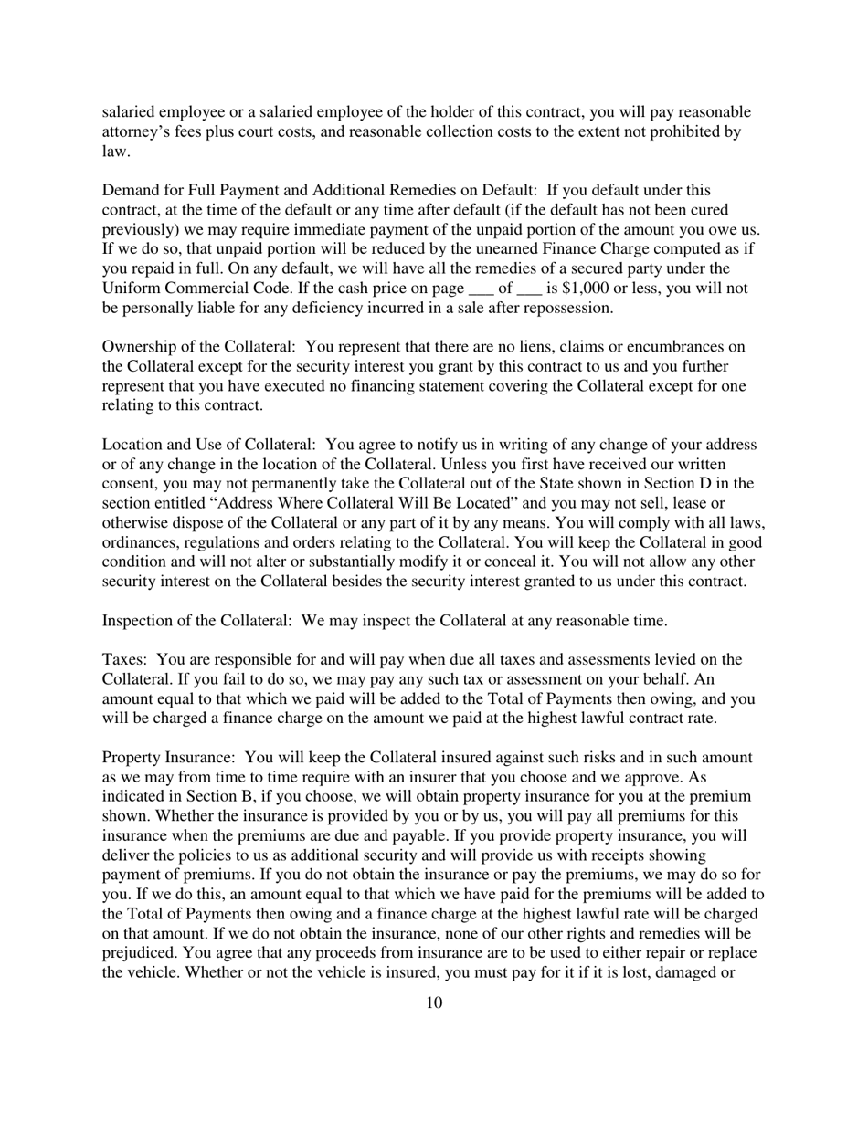 Contract for Sale and Security Agreement for Lease of Vehicle With Lessee Entitled to Refinance Residual Payment Due at End of Lease Term - Nevada, Page 10
