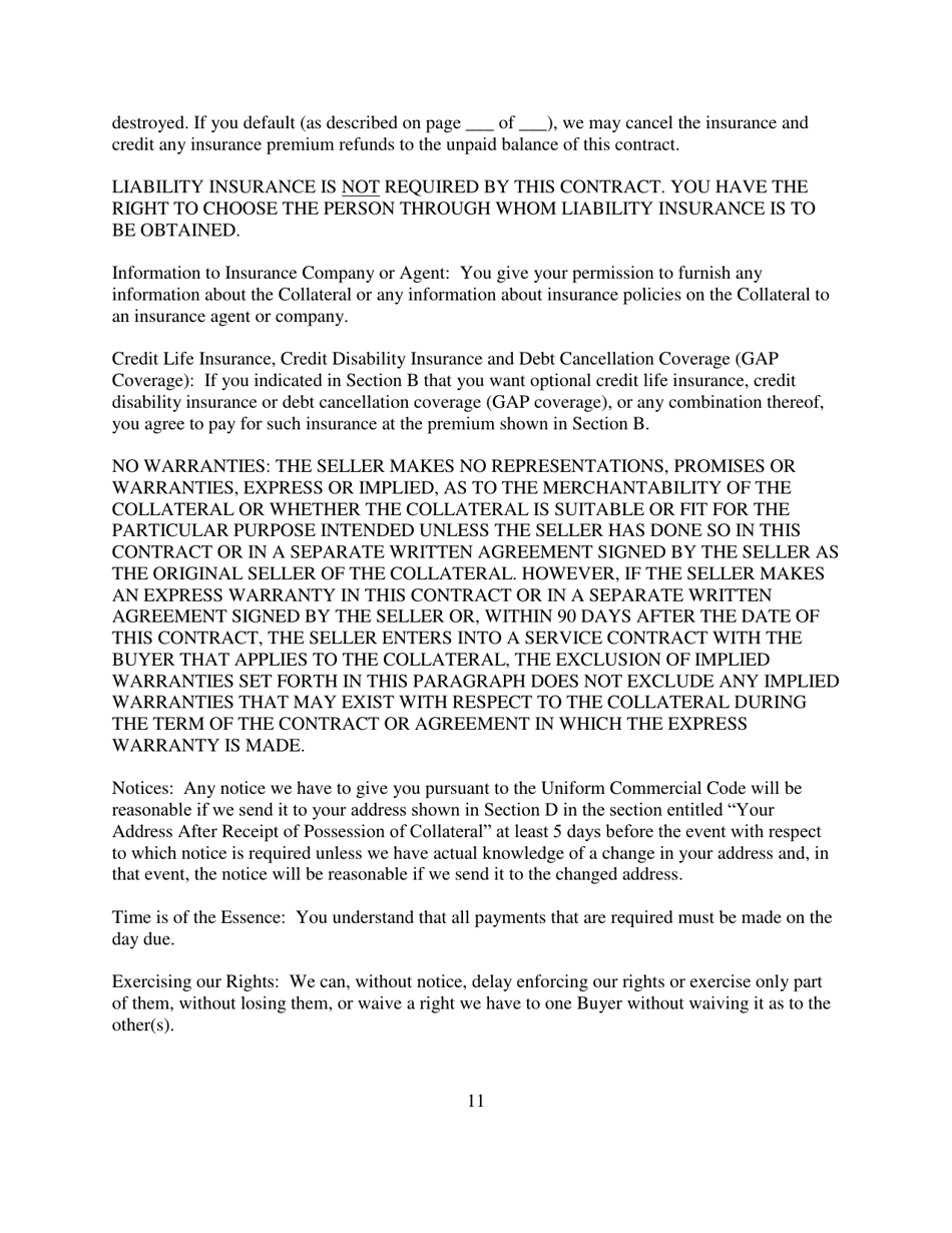 Contract for Sale and Security Agreement for Lease of Vehicle With Lessee Entitled to Refinance Residual Payment Due at End of Lease Term - Nevada, Page 11