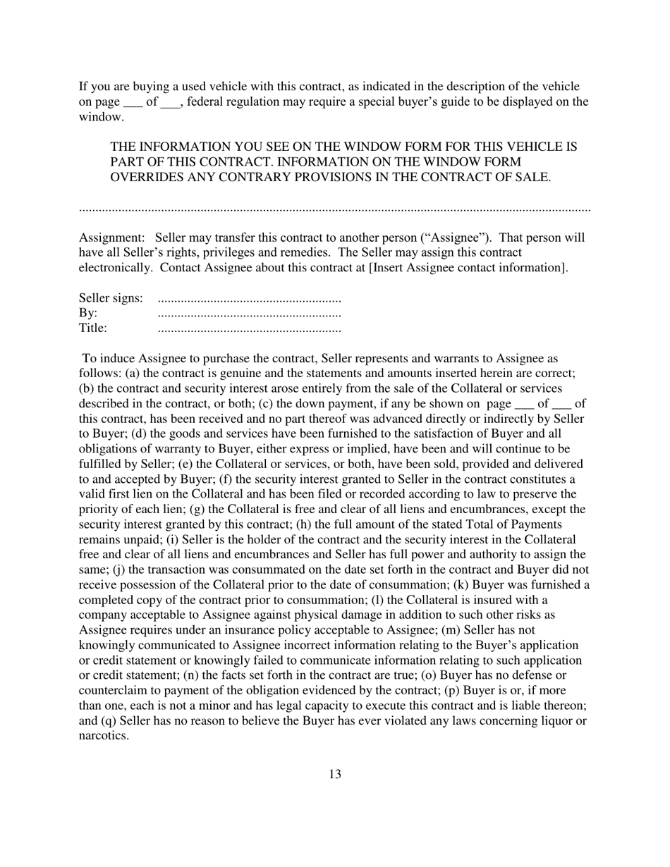 Contract for Sale and Security Agreement for Lease of Vehicle With Lessee Entitled to Refinance Residual Payment Due at End of Lease Term - Nevada, Page 13