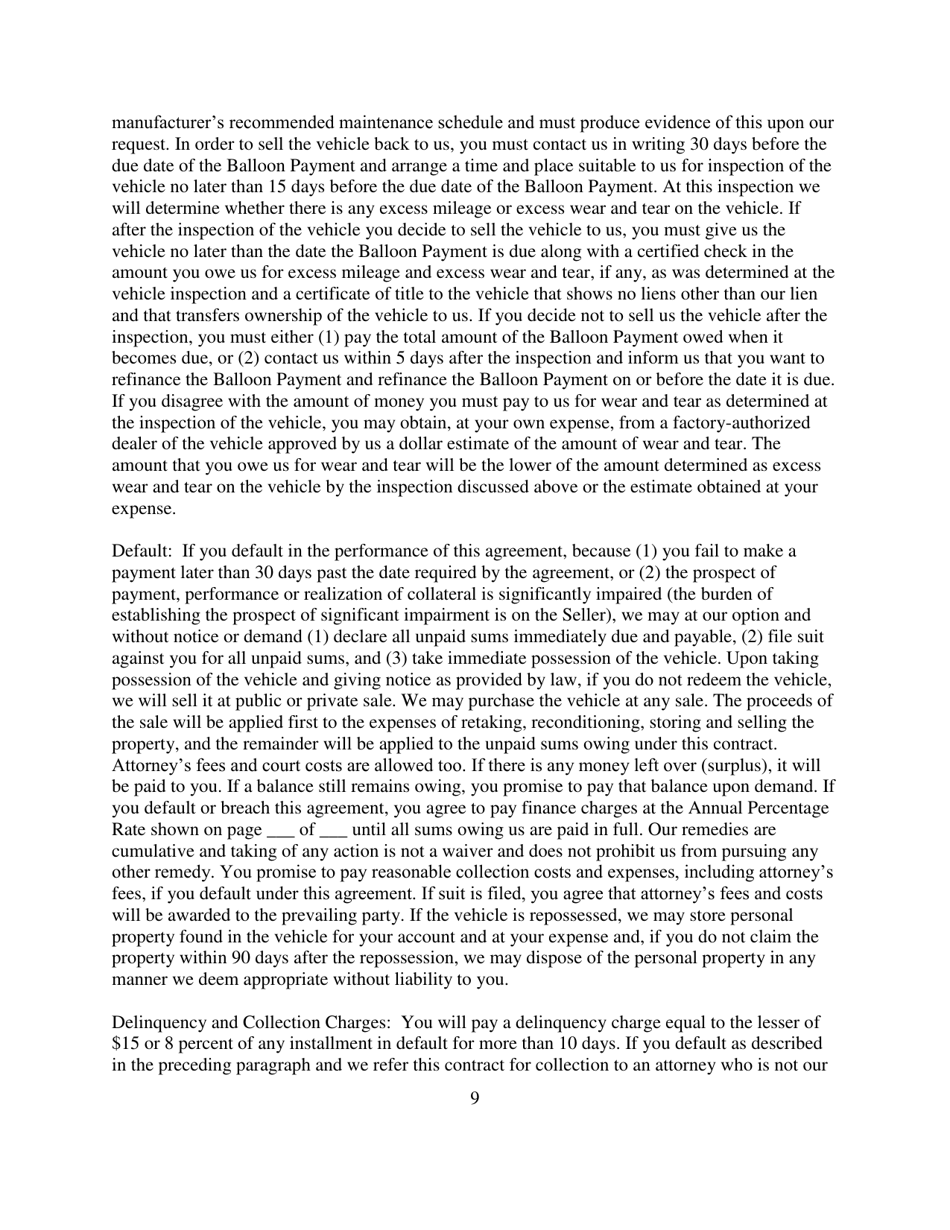 Contract for Sale and Security Agreement for Lease of Vehicle With Lessee Entitled to Refinance Residual Payment Due at End of Lease Term - Nevada, Page 9