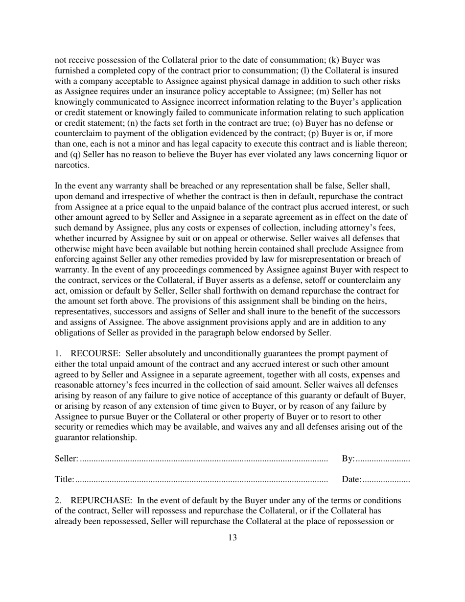 Contract for Sale and Security Agreement for Sale of Recreational Vehicle With Simple Interest to Be Paid - Nevada, Page 13