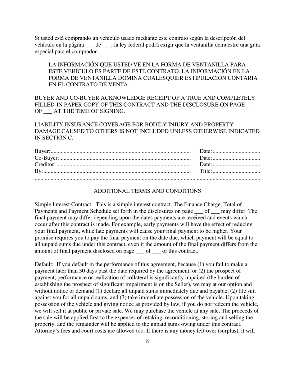 Contract for Sale and Security Agreement for Sale of Recreational Vehicle With Simple Interest to Be Paid - Nevada, Page 8