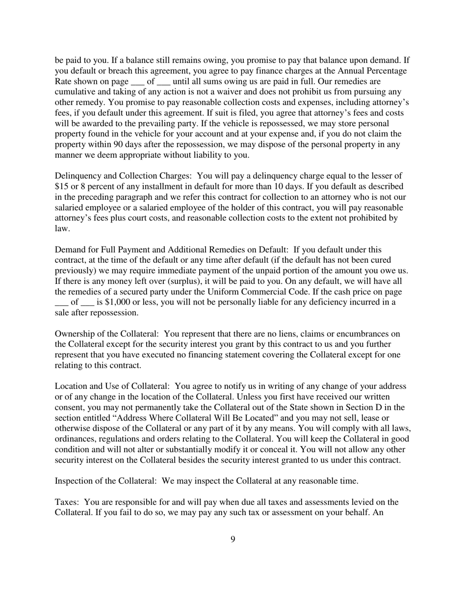 Contract for Sale and Security Agreement for Sale of Recreational Vehicle With Simple Interest to Be Paid - Nevada, Page 9