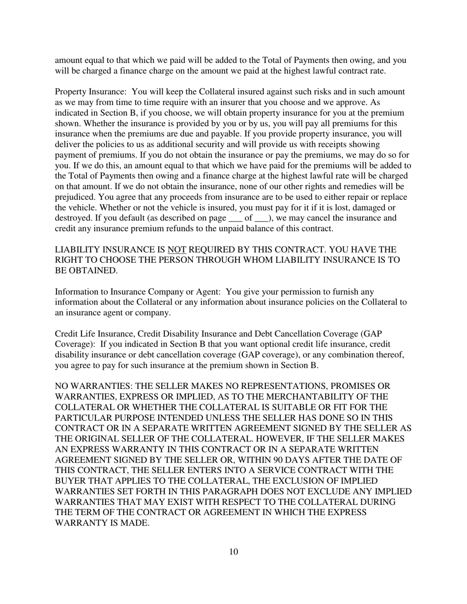 Contract for Sale and Security Agreement for Sale of Recreational Vehicle With Precomputed or Add-On Interest to Be Paid - Nevada, Page 10