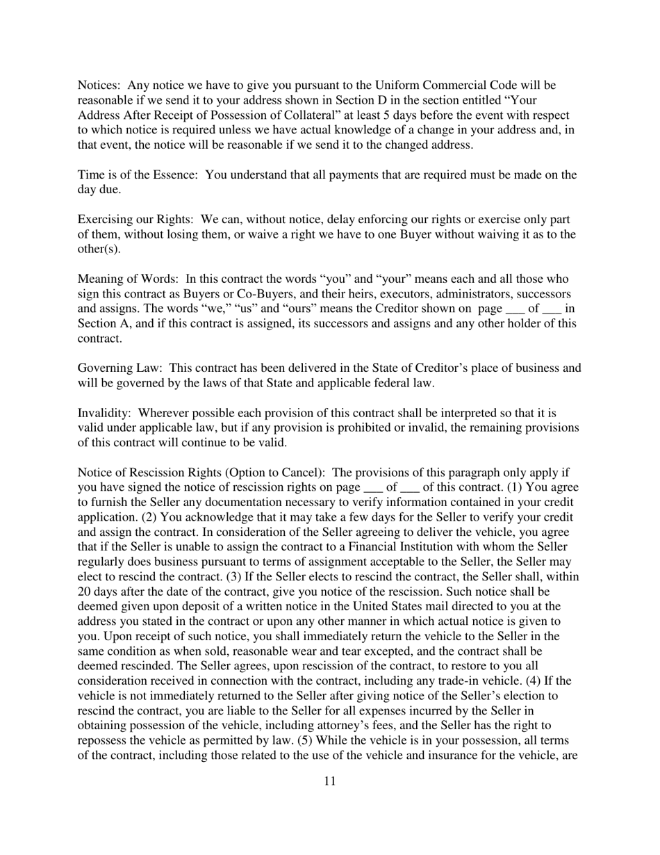 Contract for Sale and Security Agreement for Sale of Recreational Vehicle With Precomputed or Add-On Interest to Be Paid - Nevada, Page 11