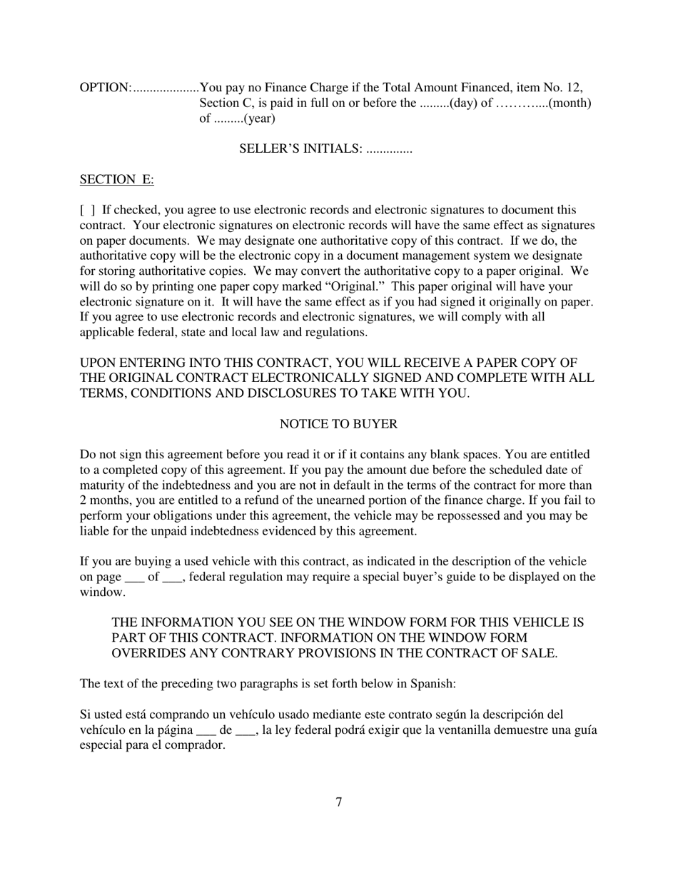 Contract for Sale and Security Agreement for Sale of Recreational Vehicle With Precomputed or Add-On Interest to Be Paid - Nevada, Page 7
