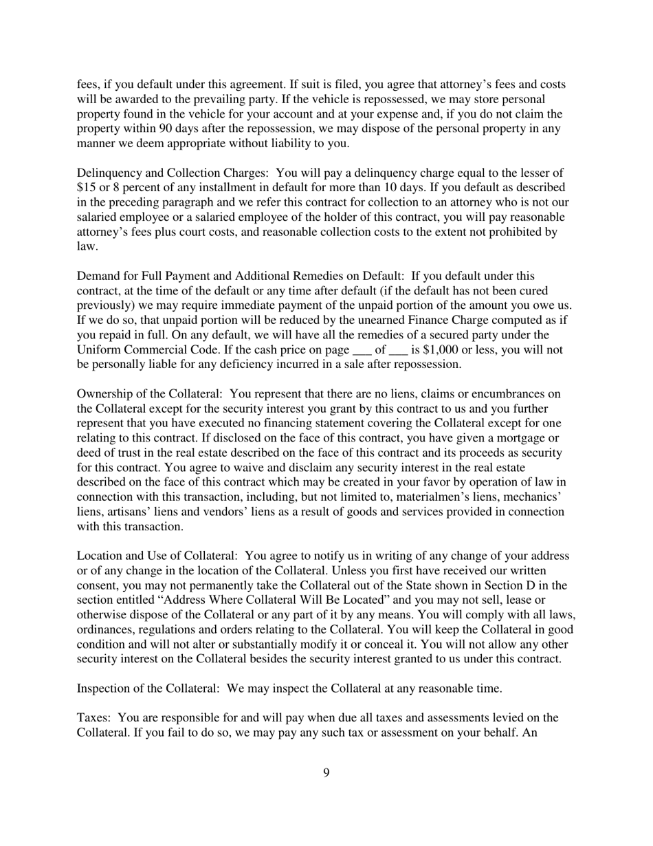 Contract for Sale and Security Agreement for Sale of Recreational Vehicle With Precomputed or Add-On Interest to Be Paid - Nevada, Page 9