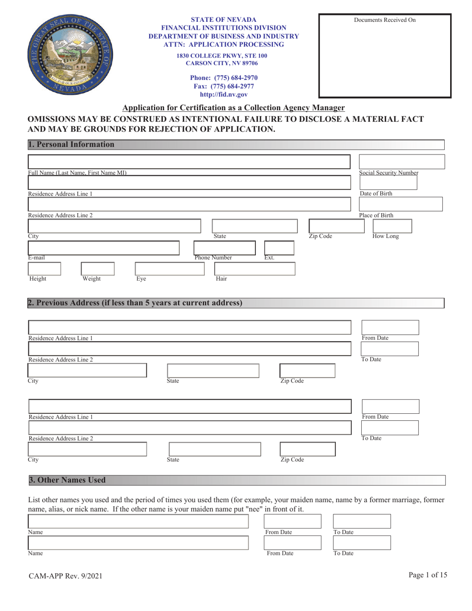 Application for Certification as a Collection Agency Manager - Nevada, Page 1