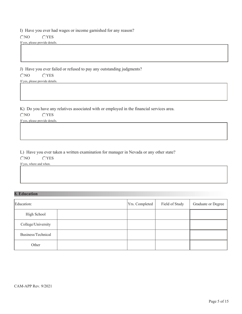 Application for Certification as a Collection Agency Manager - Nevada, Page 5