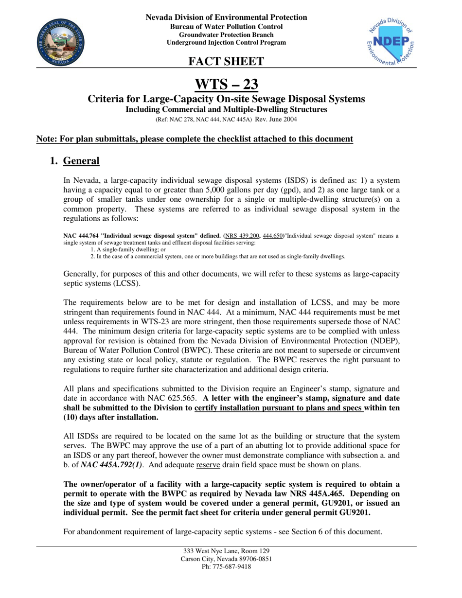 Form WTS-23 Criteria for Large-Capacity on-Site Sewage Disposal Systems - Nevada, Page 1