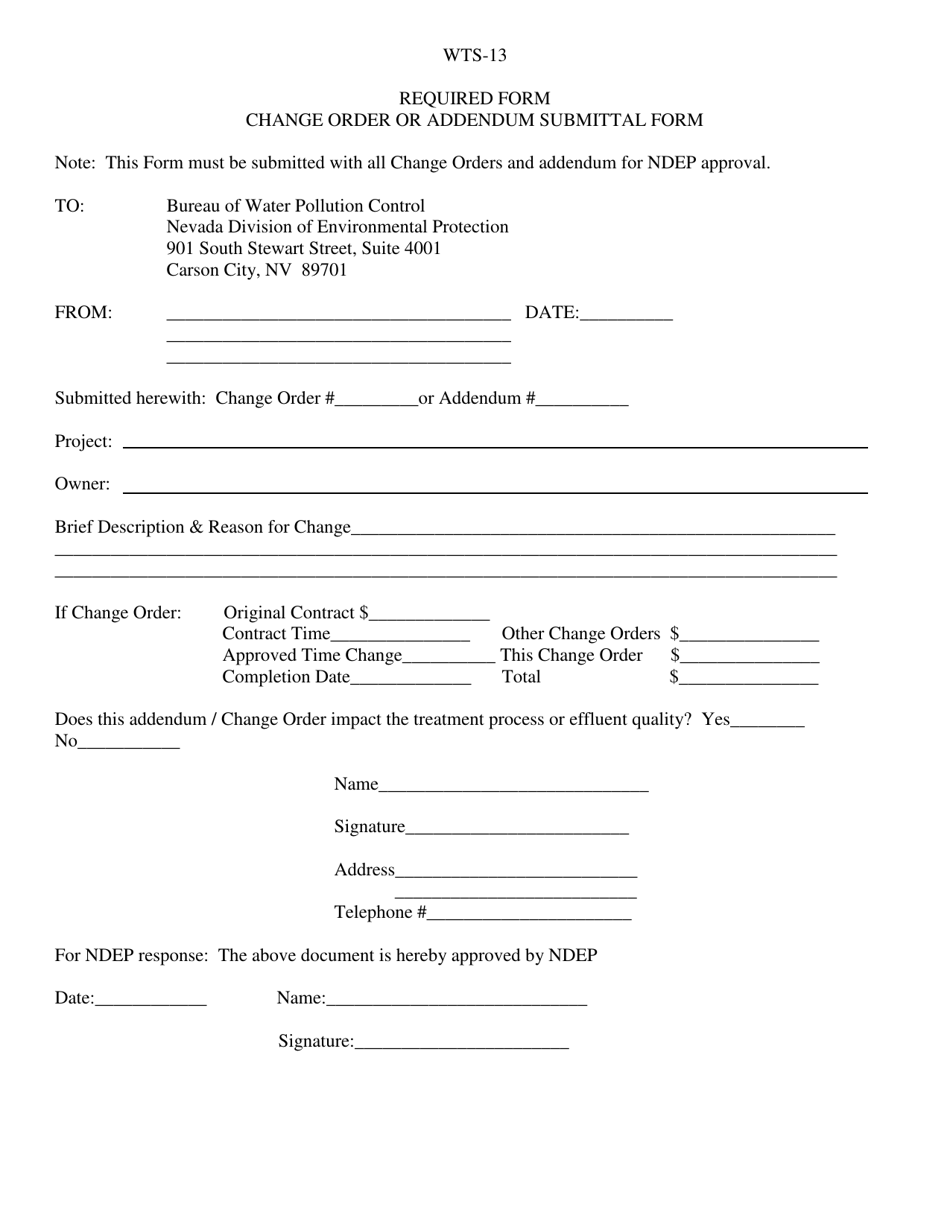 Form WTS-13 Change Order or Addendum Submittal Form - Nevada, Page 1