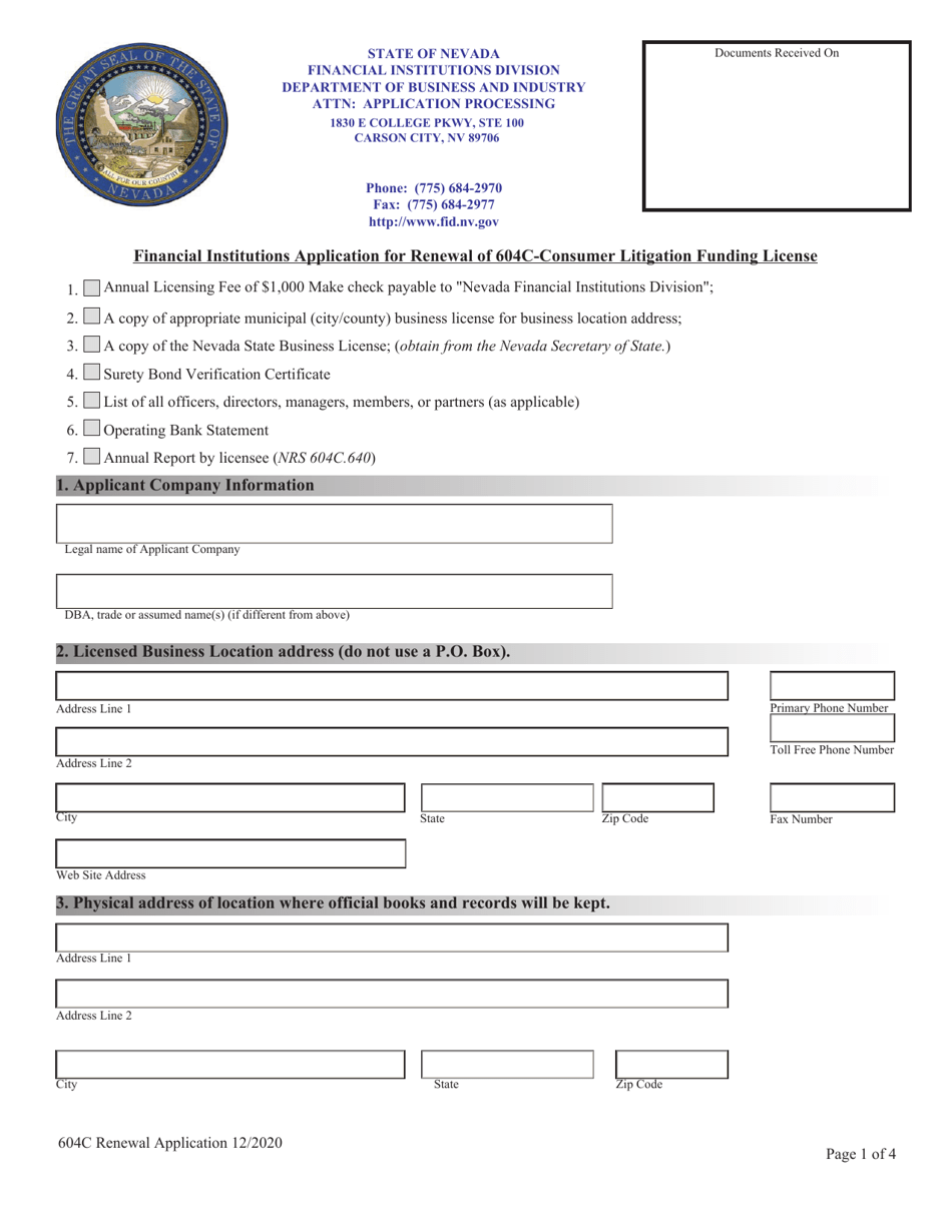 Nevada Financial Institutions Application for Renewal of 604c